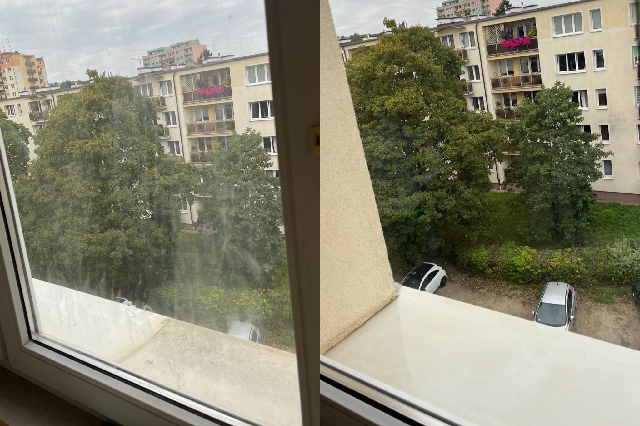 Okno balkonowe przed i po umyciu, widok na drzewa i budynki mieszkalne, różnica w przejrzystości szyby.