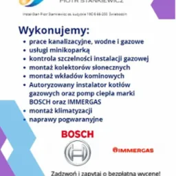 Ulotka reklamowa firmy Instal-Stan Piotr Stankiewicz oferującej prace kanalizacyjne, wodne, gazowe, montaż kolektorów słonecznych, wkładów kominowych, klimatyzacji oraz naprawy pogwarancyjne kotłów...