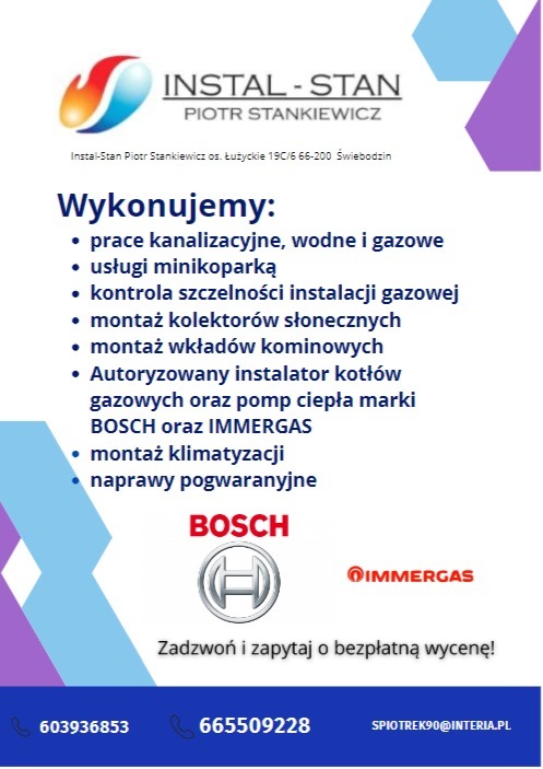 Ulotka reklamowa firmy Instal-Stan Piotr Stankiewicz oferującej prace kanalizacyjne, wodne, gazowe, montaż kolektorów słonecznych, wkładów kominowych, klimatyzacji oraz naprawy pogwarancyjne kotłów...