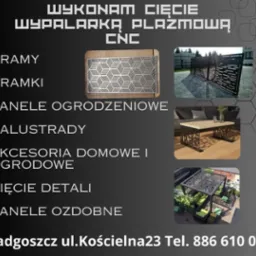 Grafika reklamowa firmy oferującej cięcie wypalarką plazmową CNC, prezentująca przykładowe realizacje: panel z geometrycznym wzorem, nowoczesne ogrodzenie z poziomych profili, stolik kawowy...