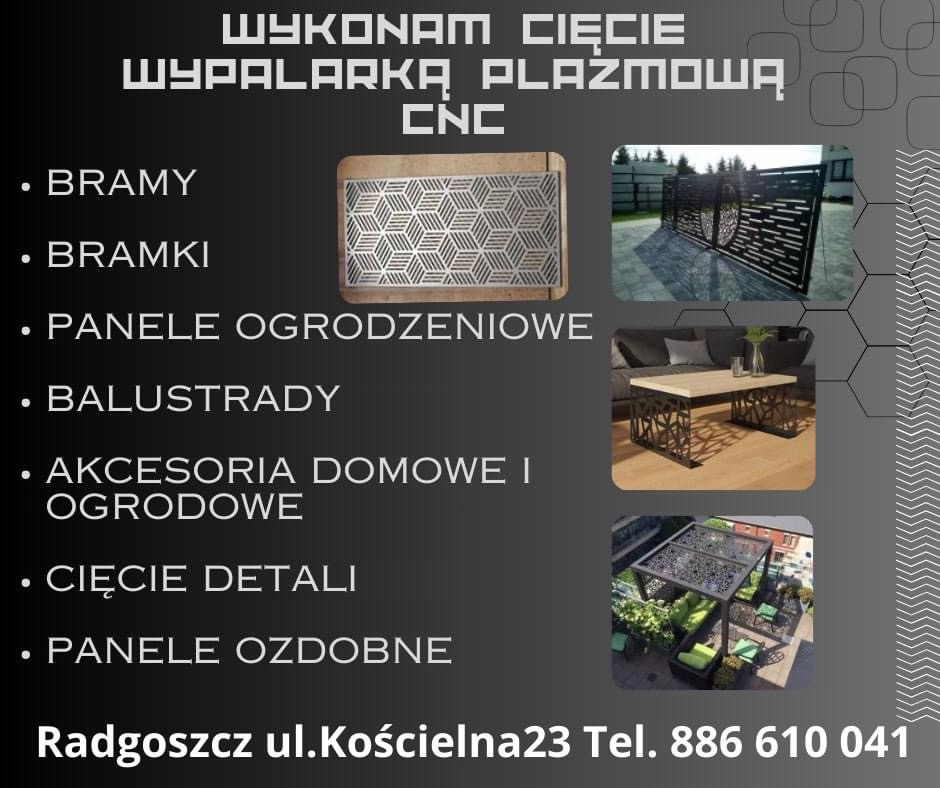 Grafika reklamowa firmy oferującej cięcie wypalarką plazmową CNC, prezentująca przykładowe realizacje: panel z geometrycznym wzorem, nowoczesne ogrodzenie z poziomych profili, stolik kawowy...