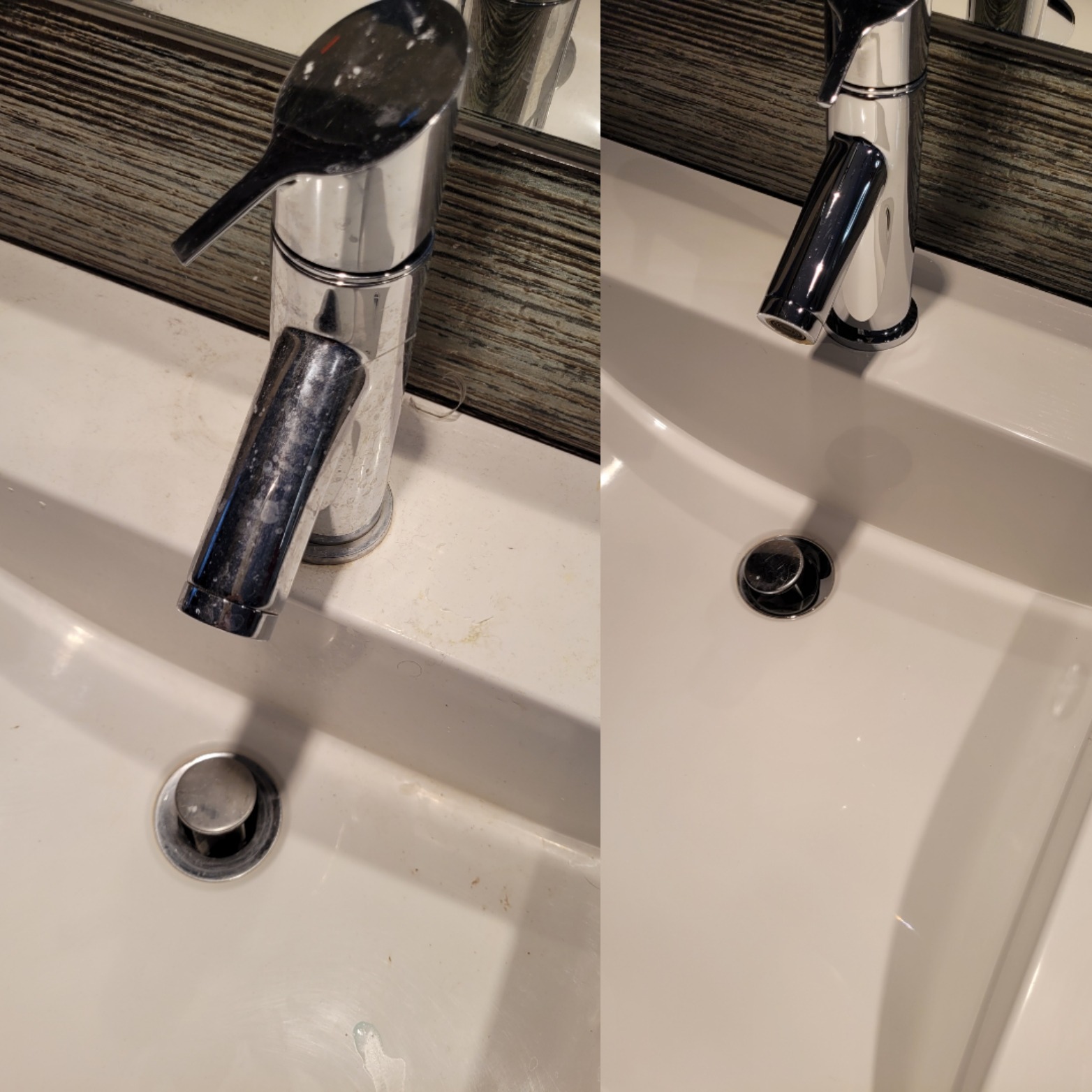 Porównanie umywalki i baterii przed i po czyszczeniu: po lewej bateria z zaciekami i osadem, po prawej błyszcząca, czysta bateria i umywalka.
