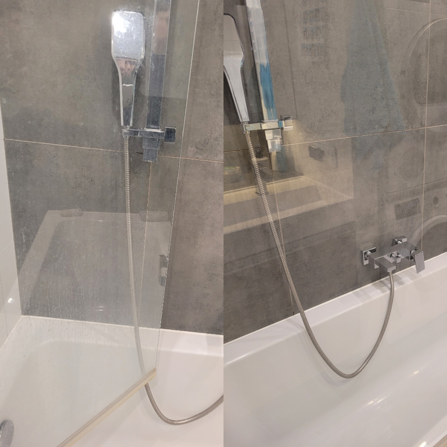 Porównanie kabiny prysznicowej przed i po czyszczeniu, widoczne zacieki na szklanej powierzchni i błyszcząca armatura po zabiegu.