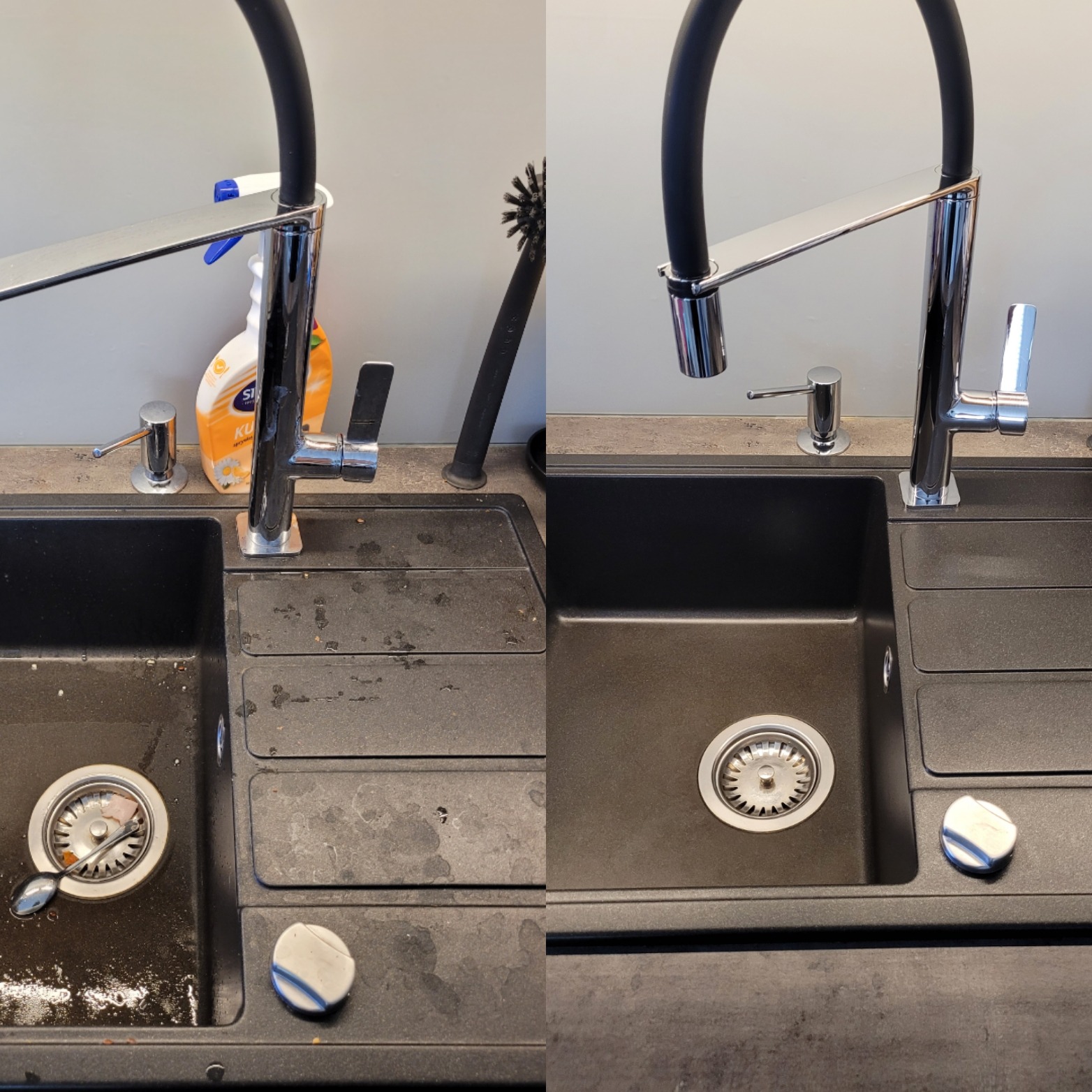 Porównanie zlewu kuchennego przed i po czyszczeniu: po lewej brudny zlew z resztkami jedzenia i łyżką w odpływie, po prawej czysty, lśniący zlew z gąbką obok, bateria i dozownik w tle.