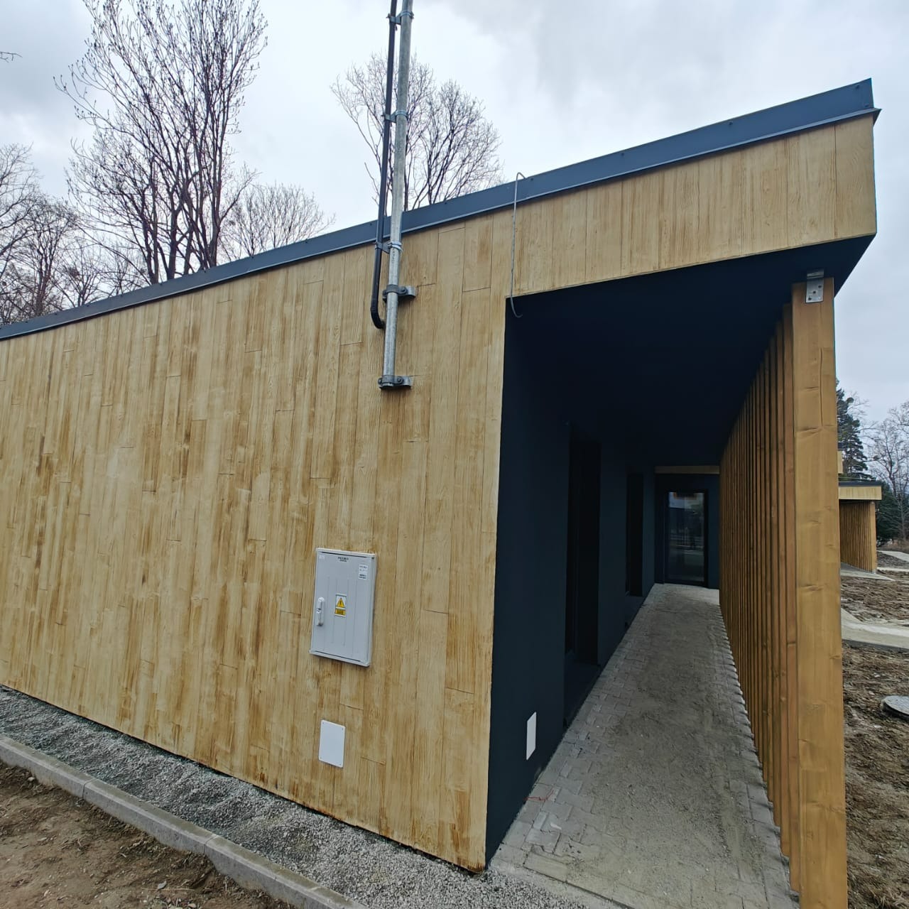Nowoczesna elewacja budynku z drewnopodobną okładziną, szarą podbitką i widoczną instalacją elektryczną. Ujęcie z zewnątrz, w pochmurny dzień.