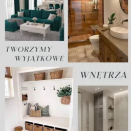 Kolaż przedstawiający aranżacje wnętrz: szmaragdowy narożnik w salonie, kabina prysznicowa z drewnopodobnymi płytkami, siedzisko z koszami w przedpokoju oraz minimalistyczna łazienka z wanną.