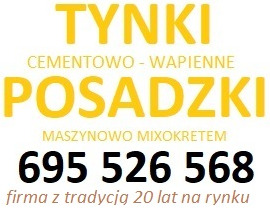 Żółto-czarny napis reklamowy: TYNKI cementowo-wapienne, POSADZKI maszynowo mixokretem, numer telefonu i informacja o 20-letniej tradycji firmy.