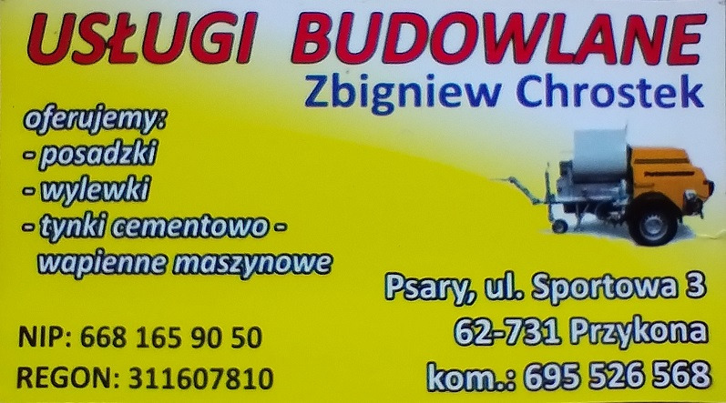 Wizytówka firmy budowlanej Zbigniewa Chrostka z ofertą posadzek, wylewek i tynków cementowo-wapiennych maszynowych, z adresem i numerem telefonu, na żółtym tle z ilustracją agregatu do wylewek.