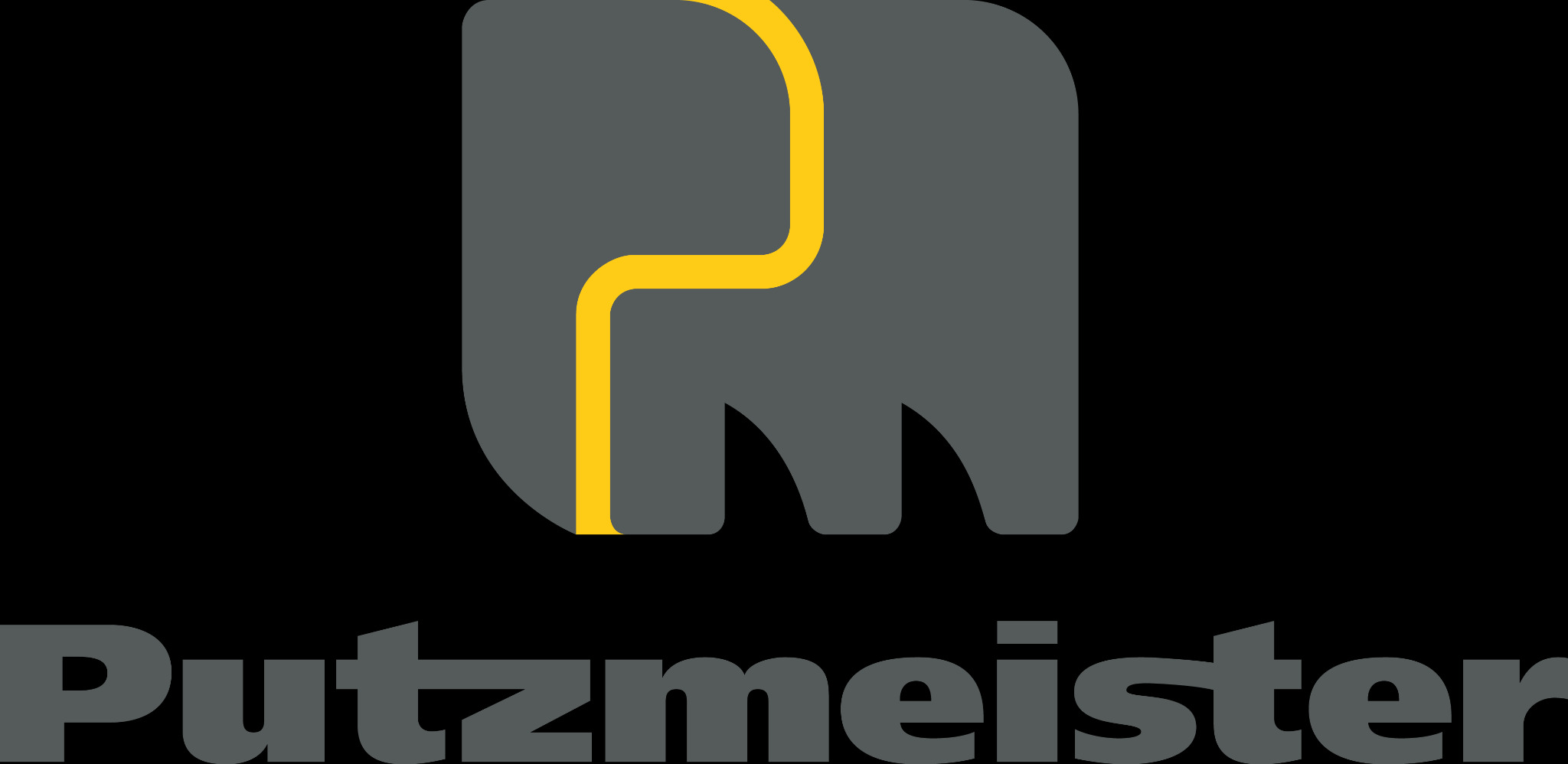 Logo firmy Putzmeister z charakterystycznym szarym symbolem i żółtą linią na czarnym tle.