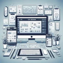 Ilustracja przedstawiająca stanowisko pracy projektanta UX/UI z monitorem, smartfonami, klawiaturą, myszką, długopisami, linijkami, notatkami i roślinami w doniczkach, utrzymana w monochromatycznej...