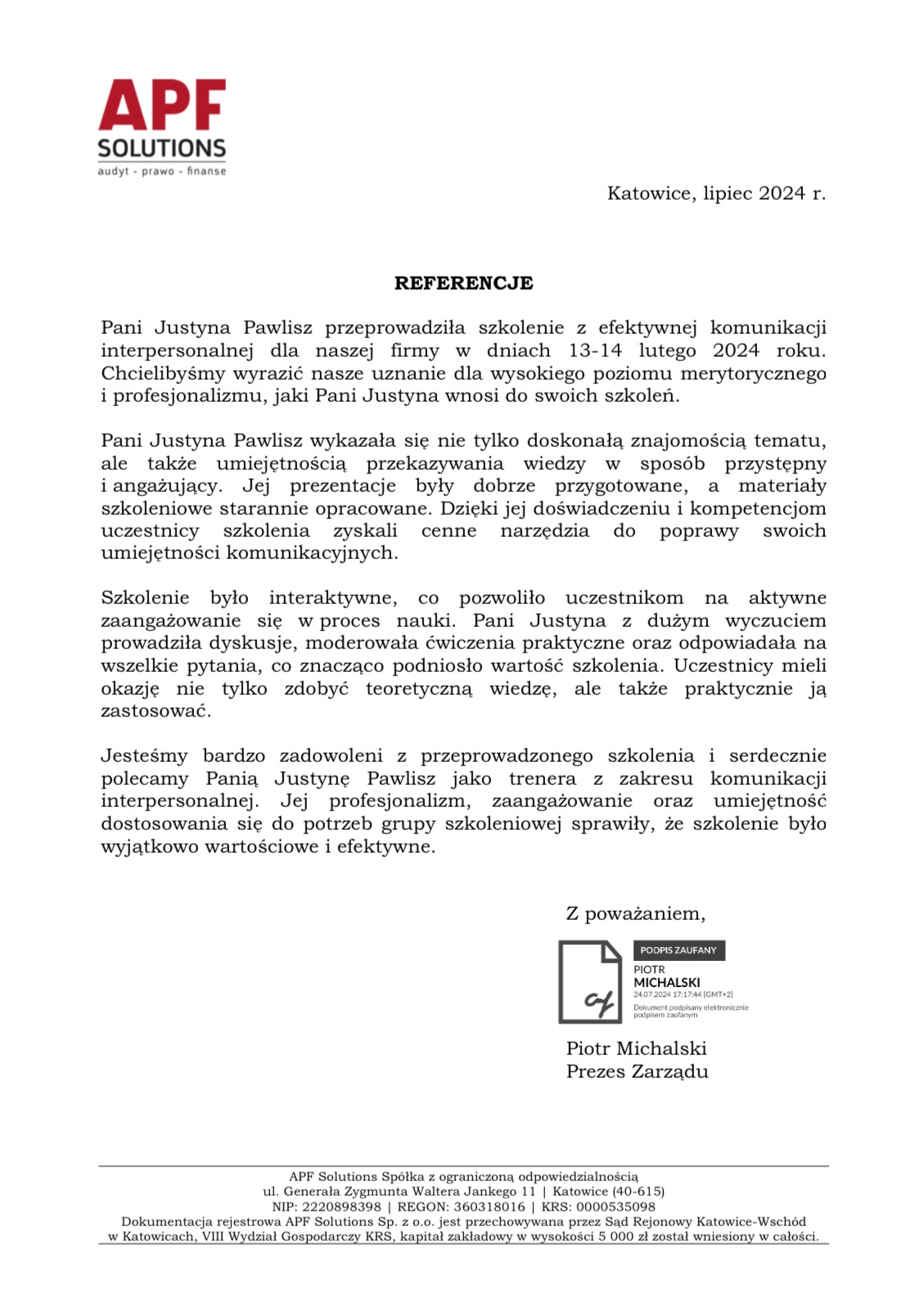Skan dokumentu referencyjnego dla szkolenia z efektywnej komunikacji interpersonalnej, wystawionego przez APF Solutions, Katowice, lipiec 2024, z podpisem Piotra Michalskiego, prezesa zarządu.