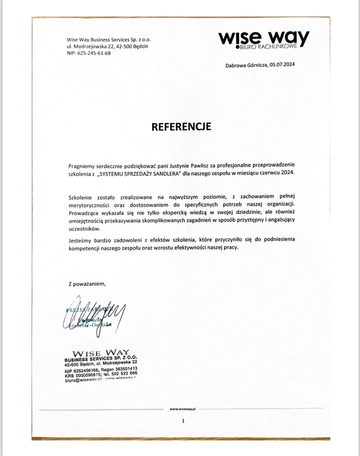 Skan dokumentu referencyjnego dla firmy Wise Way Business Services Sp. z o.o. z podziękowaniem za przeprowadzenie szkolenia z systemu sprzedaży Sandlera w czerwcu 2024, z podpisem prezesa zarządu.