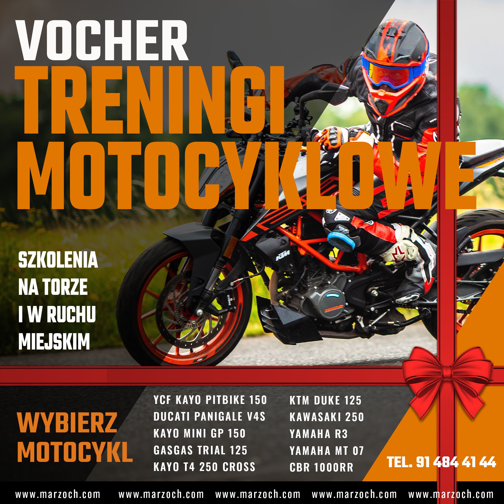 Grafika reklamowa: Szkolenia motocyklowe Vocher, motocyklista w kasku na torze, lista motocykli do wyboru, kontakt telefoniczny, adres strony internetowej.