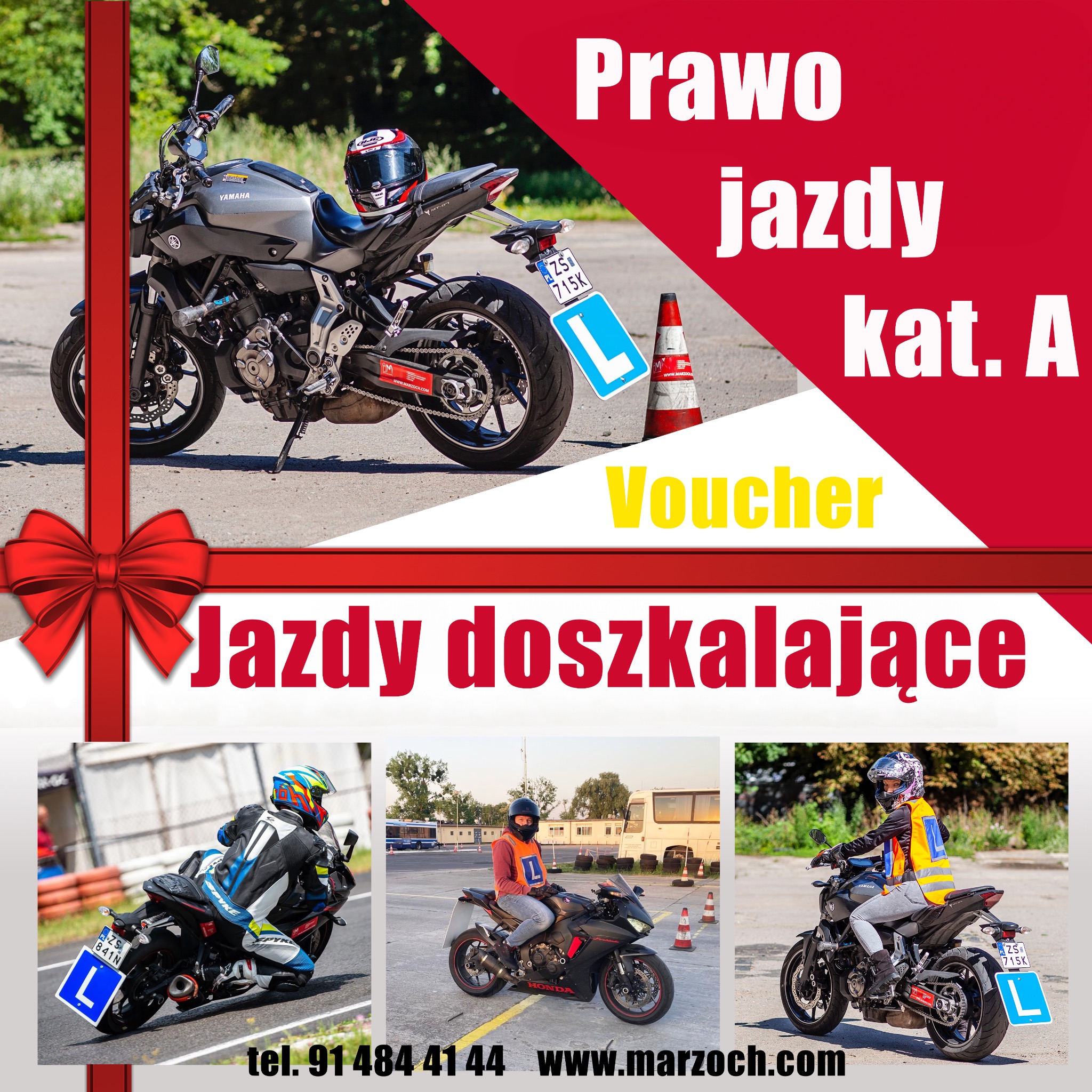 Szkoła jazdy: Motocykl Yamaha z tablicą 'L' i kaskiem. Grafika z ofertą prawa jazdy kat. A i jazd doszkalających, voucher. Zdjęcia motocyklistów w trakcie jazdy.