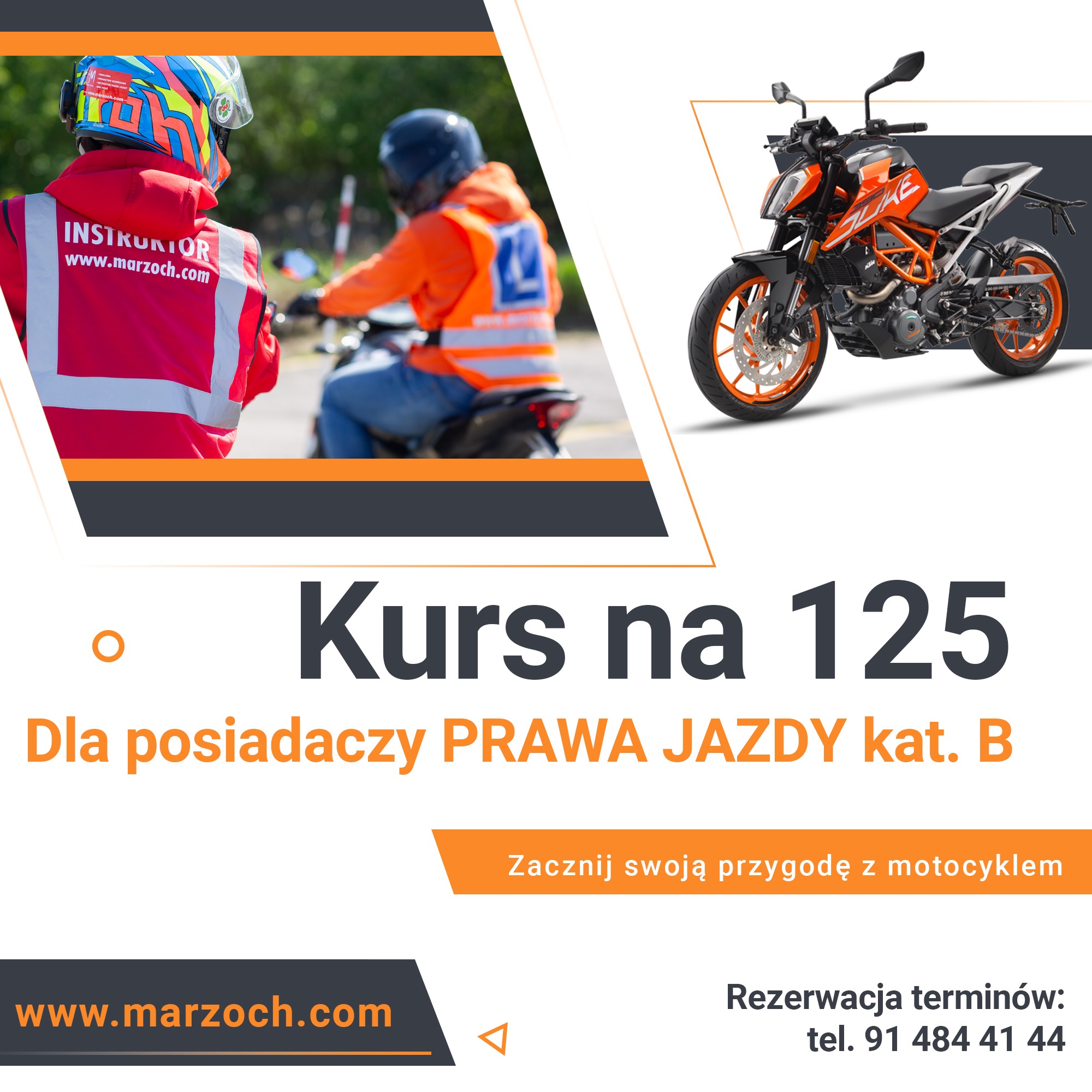 Kurs na 125 dla posiadaczy prawa jazdy kat. B. Instruktor w czerwonej kurtce, motocykl KTM Duke na białym tle. Rezerwacja terminów: tel. 91 484 41 44.