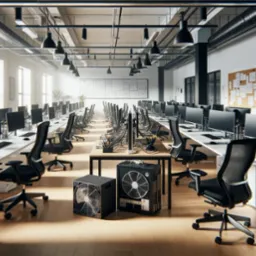 Przestronne biuro z rzędami stanowisk komputerowych, czarne krzesła biurowe z siatkowym oparciem, dwa serwery w obudowach z wentylatorami na podłodze, tablica korkowa z notatkami w tle, logo firmy...