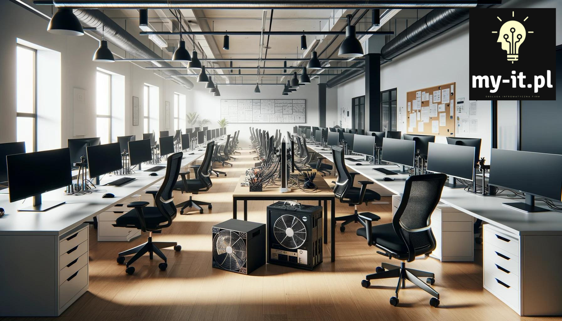 Przestronne biuro z rzędami stanowisk komputerowych, czarne krzesła biurowe z siatkowym oparciem, dwa serwery w obudowach z wentylatorami na podłodze, tablica korkowa z notatkami w tle, logo firmy...