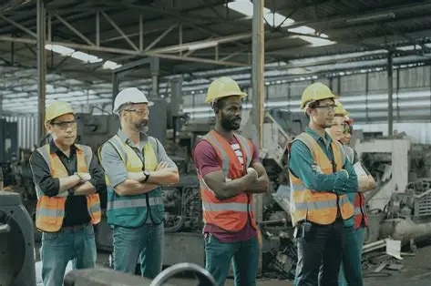 Grupa zróżnicowanych pracowników w kaskach i kamizelkach odblaskowych, stojących na tle hali produkcyjnej z maszynami. Skrzyżowane ręce, poważne miny.