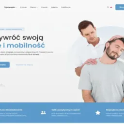 Prezentacja strony internetowej fizjoterapeuty z mężczyzną poddawanym terapii manualnej szyi, widoczne menu nawigacyjne i przyciski CTA.