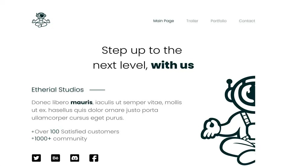 Minimalistyczny projekt strony internetowej z logo firmy Ethereal Studios przedstawiającym astronautę w pozycji lotosu, sloganem 'Step up to the next level, with us' oraz menu nawigacyjnym.