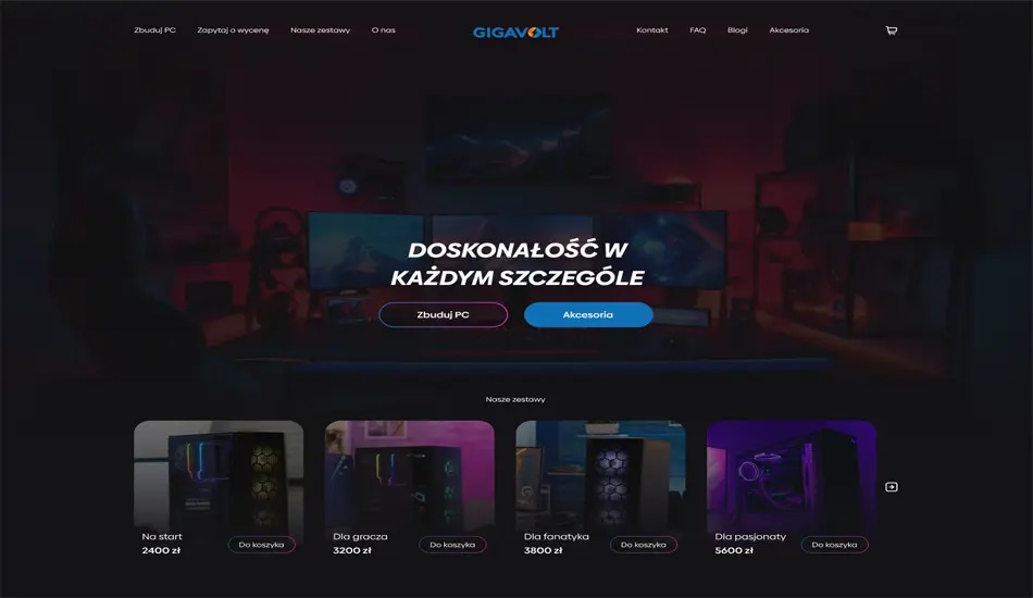 Strona internetowa z ofertą komputerów gamingowych i akcesoriów, prezentująca hasło 'Doskonałość w każdym szczególe' oraz przyciski 'Zbuduj PC' i 'Akcesoria'. Na dole widoczne zestawy komputerowe...