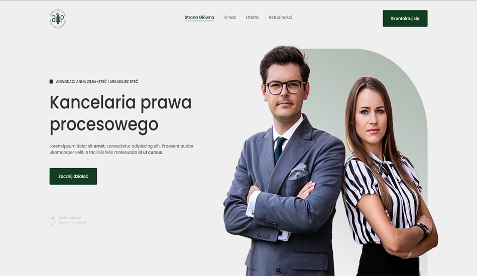 Strona główna kancelarii prawnej z portretem adwokatów, mężczyzny w garniturze i kobiety w bluzce w paski, na jasnym tle z elementami graficznymi.