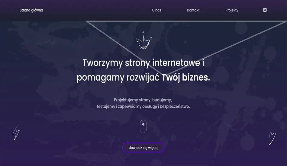 Układ strony głównej witryny internetowej z fioletowym tłem, białym tekstem 'Tworzymy strony internetowe i pomagamy rozwijać Twój biznes' oraz minimalistycznym logo korony.