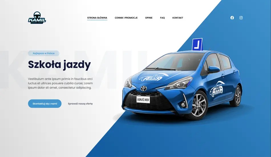 Projekt strony internetowej szkoły jazdy z Nowej Rudy, prezentujący niebieski samochód z naklejką 'L' na dachu i logo szkoły na karoserii, na tle dynamicznej kompozycji bieli i błękitu.