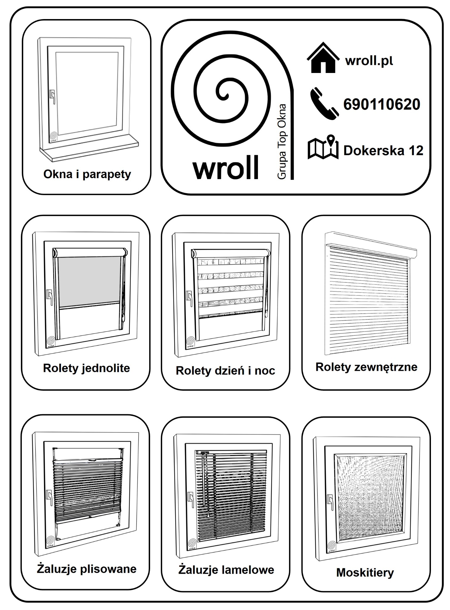 Ilustracja przedstawiająca różne typy osłon okiennych, w tym rolety jednolite, rolety dzień i noc, rolety zewnętrzne, żaluzje plisowane, żaluzje lamelowe i moskitiery, wraz z oknami i parapetami...