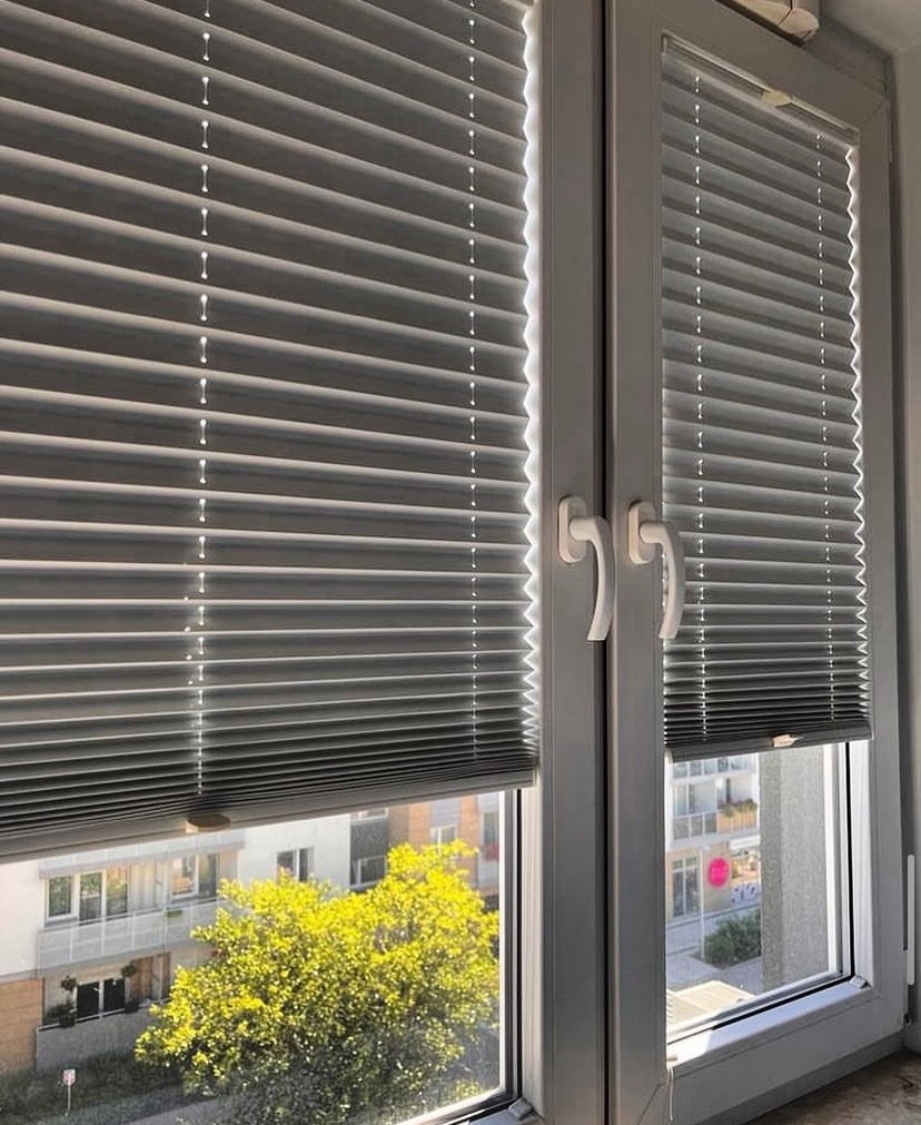 Szare plisy okienne zamontowane na dwuskrzydłowym oknie PCV, widok na budynek mieszkalny i drzewo zza okna.