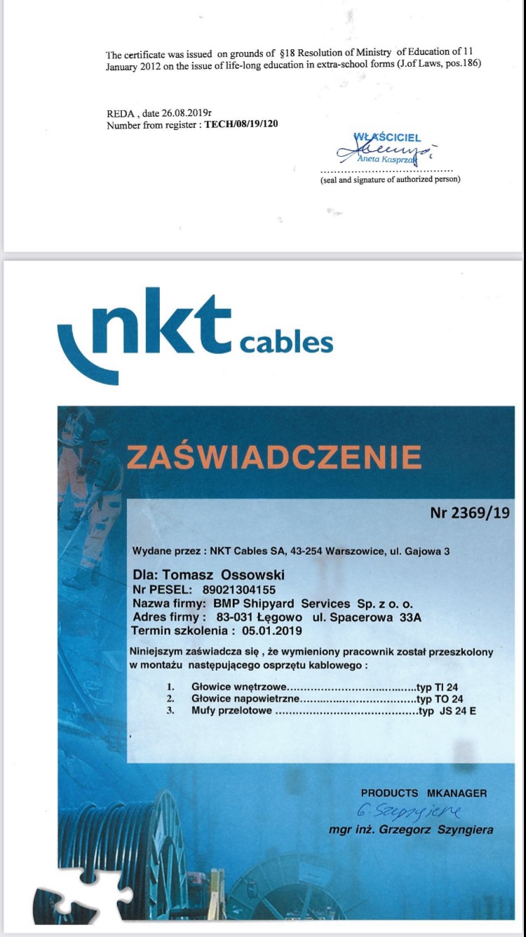 Skan zaświadczenia o przeszkoleniu pracownika w montażu osprzętu kablowego wydanego przez NKT Cables SA, z widocznym logo firmy, datą wydania, numerem rejestru, danymi przeszkolonego pracownika...