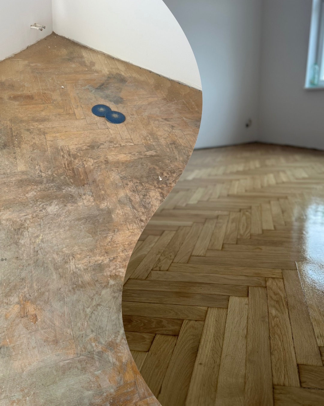 Porównanie stanu podłogi parkietowej przed i po renowacji: zniszczona, matowa powierzchnia kontra odnowiony, błyszczący parkiet ułożony we wzór jodełki.