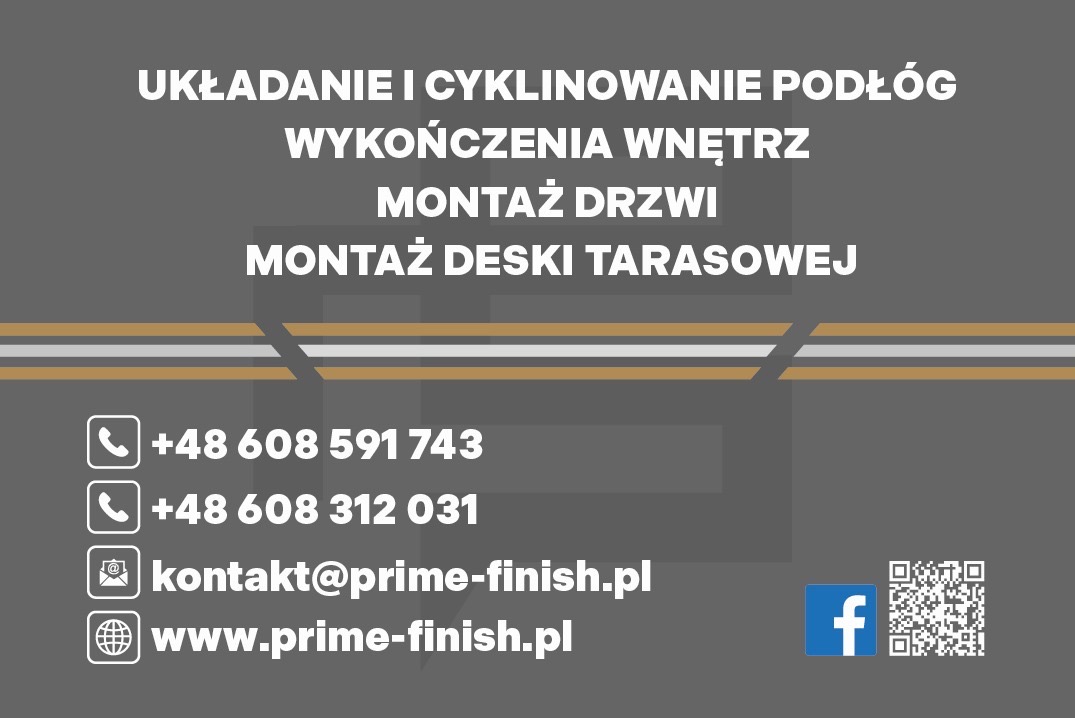 Wizytówka firmy oferującej usługi układania i odnawiania podłóg, wykończenia wnętrz oraz montaż drzwi i deski tarasowej, z podanymi numerami telefonów, adresem e-mail, stroną internetową i kodem QR...