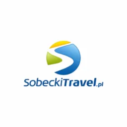 Logo SobockiTravel.pl z abstrakcyjnym symbolem drogi w okręgu, łączącym kolory żółty, niebieski i zielony.