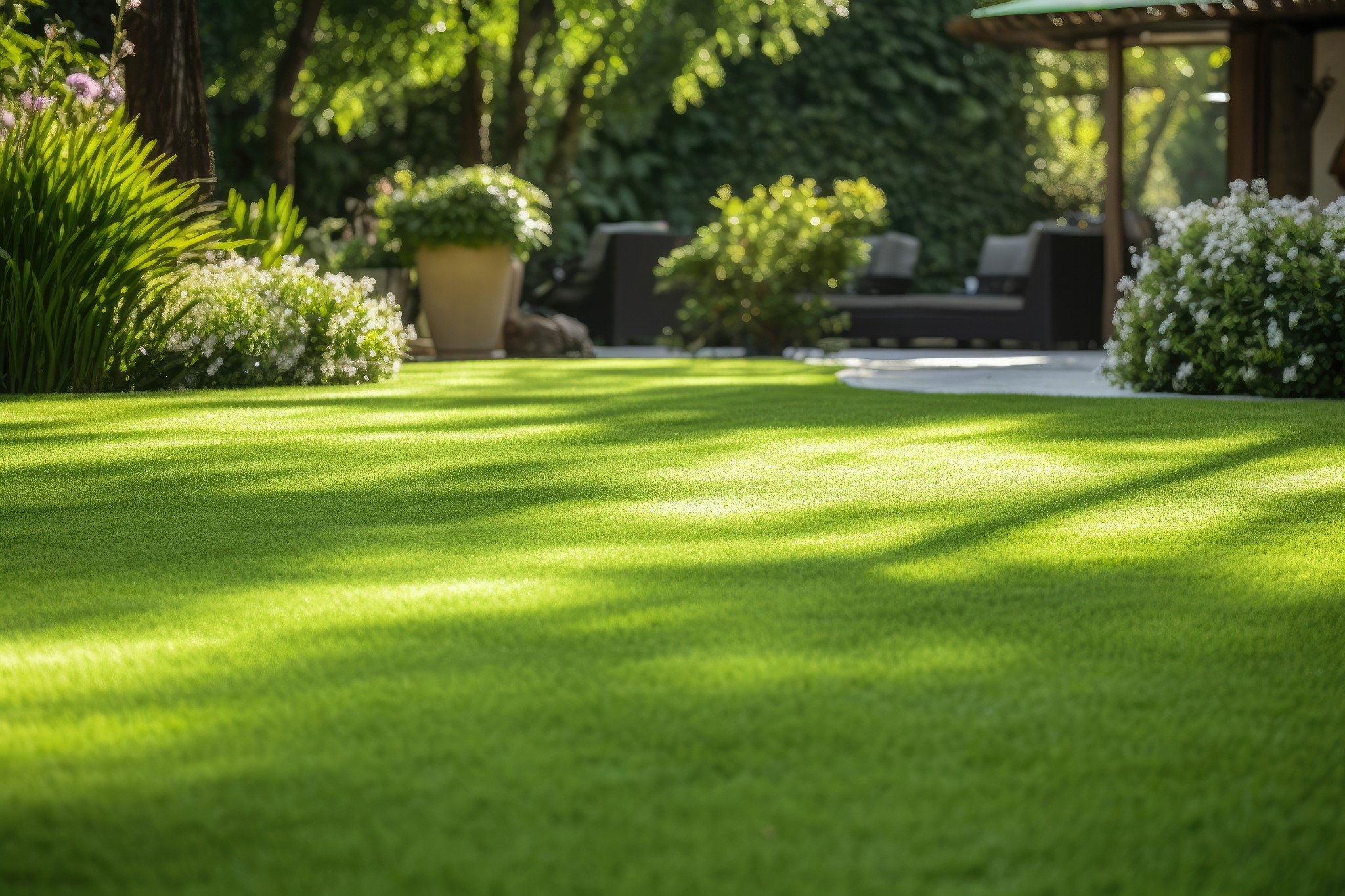 Intensywnie zielony trawnik z syntetycznej trawy, oświetlony promieniami słońca, z roślinami w donicach i meblami ogrodowymi w tle.