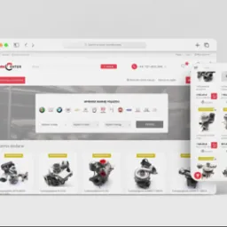 Zrzut ekranu strony internetowej sklepu motoryzacyjnego markcenter.pl z filtrowaniem po marce pojazdu i ofertą turbosprężarek, widok na komputerze i w aplikacji mobilnej.