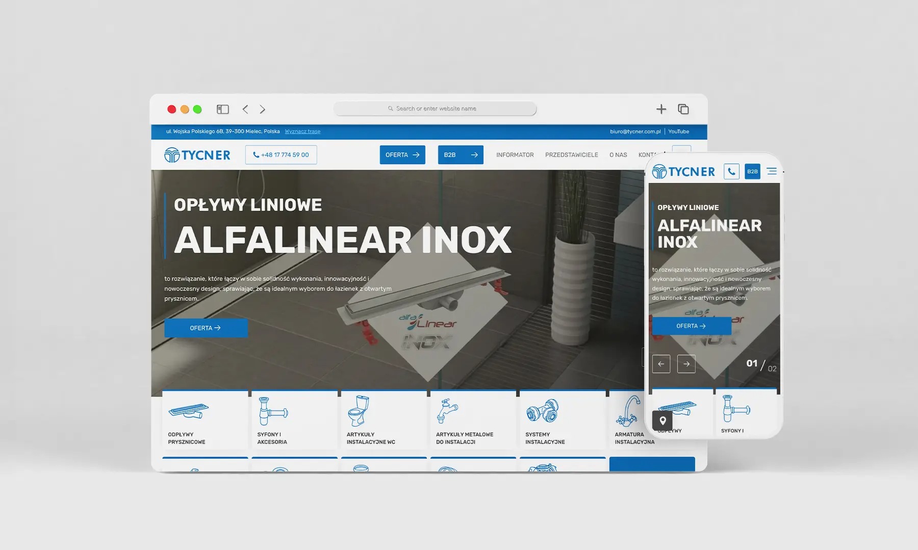 Prezentacja strony internetowej firmy Tycner na laptopie i smartfonie, pokazująca ofertę odpływów liniowych Alfalinear Inox, z widocznym logo firmy i elementami nawigacyjnymi.