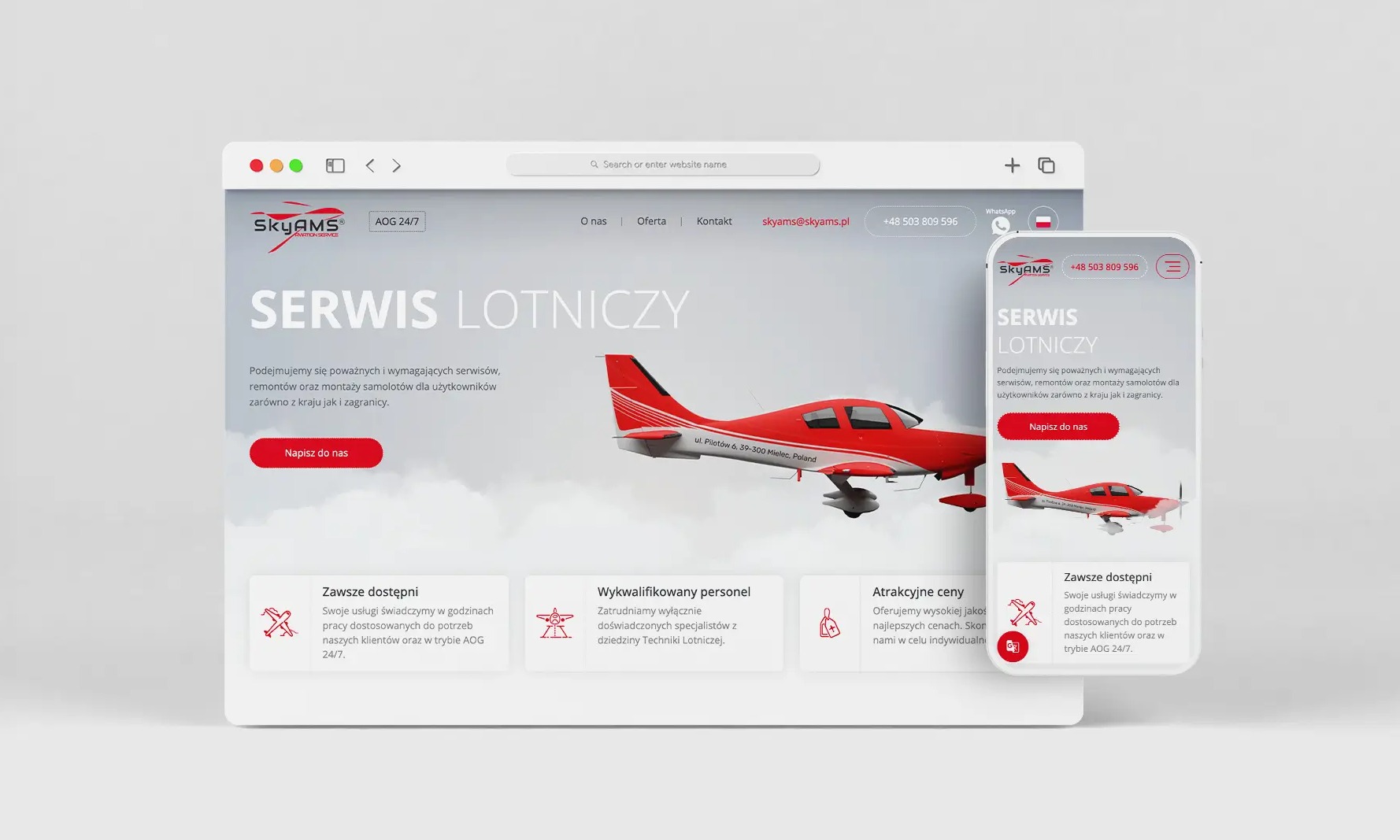 Responsywna strona internetowa firmy lotniczej SkyAMS na ekranie laptopa i smartfona, prezentująca serwis samolotów z ilustracją czerwonego samolotu.