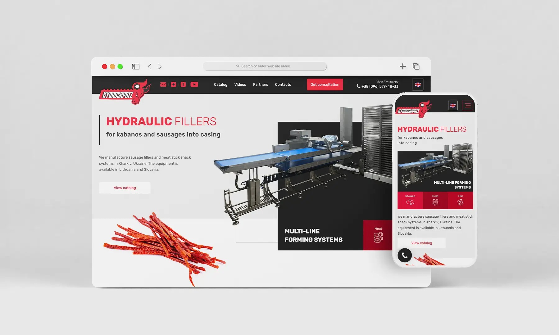 Mockup strony internetowej i aplikacji mobilnej prezentującej hydrauliczną maszynę do napełniania kabanosów i kiełbas, z logo Hydroshpriz w lewym górnym rogu i przykładowymi produktami na stronie.