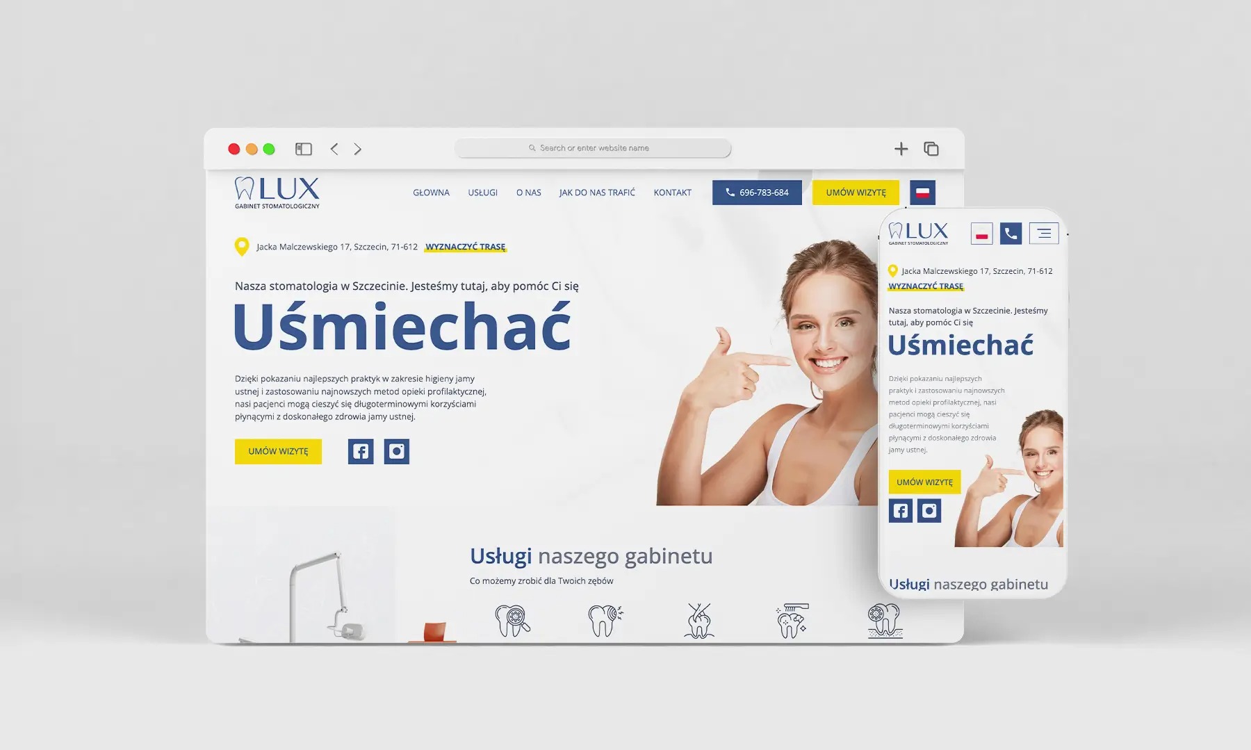 Prezentacja strony internetowej gabinetu stomatologicznego luxszczecin.pl na ekranie laptopa i smartfona, z uśmiechniętą pacjentką wskazującą na swoje zęby.