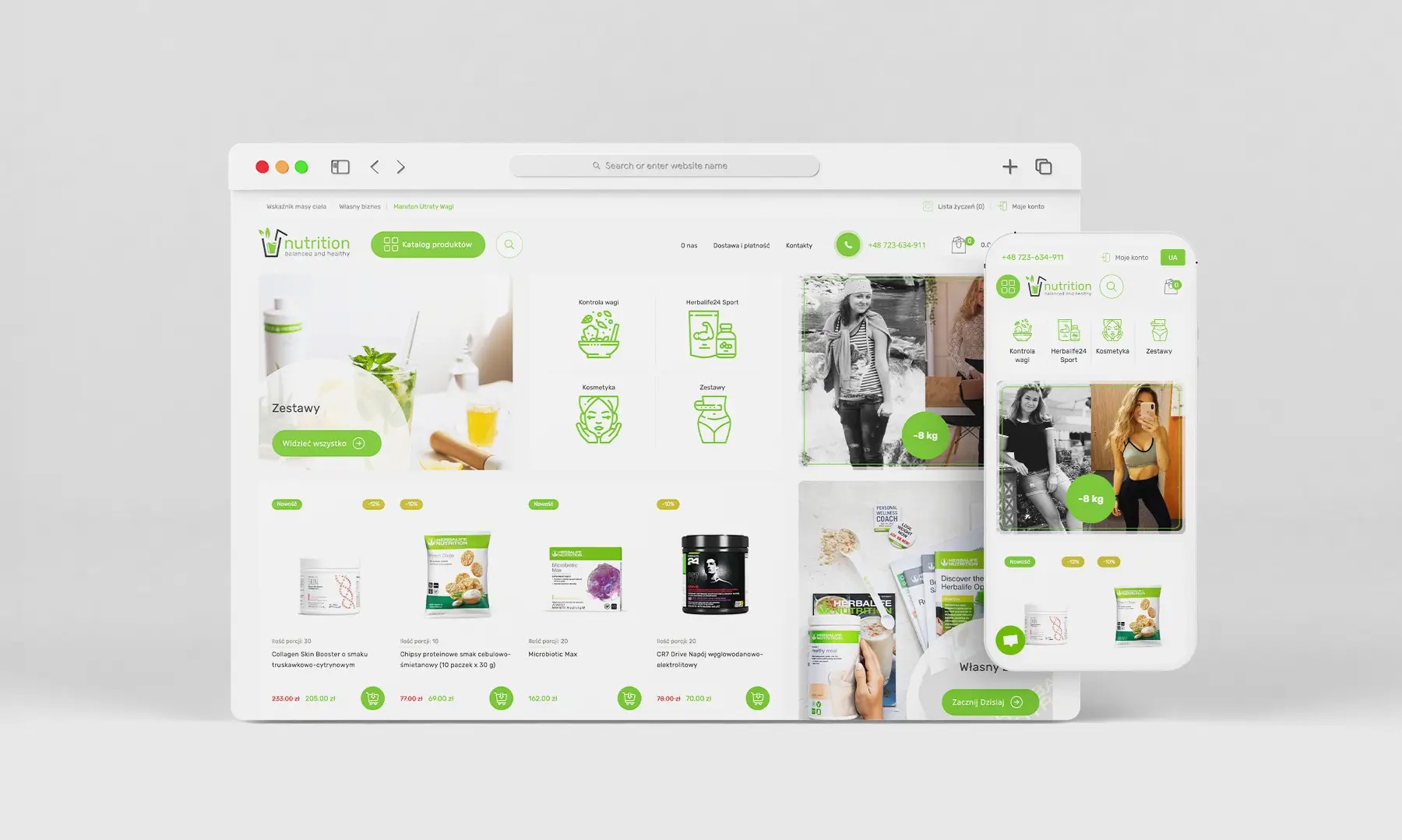 Mockup strony internetowej i aplikacji mobilnej sklepu internetowego Nutrition-pl.com, prezentujący ofertę produktów i kategorii, takich jak zestawy, kontrola wagi, Herbalife24 Sport i kosmetyki.