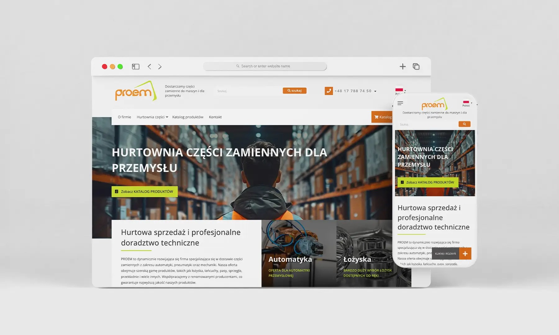 Responsywna strona internetowa proem.net.pl na laptopie i smartfonie, prezentująca hurtownię części zamiennych dla przemysłu, z widocznym logo i menu nawigacyjnym.