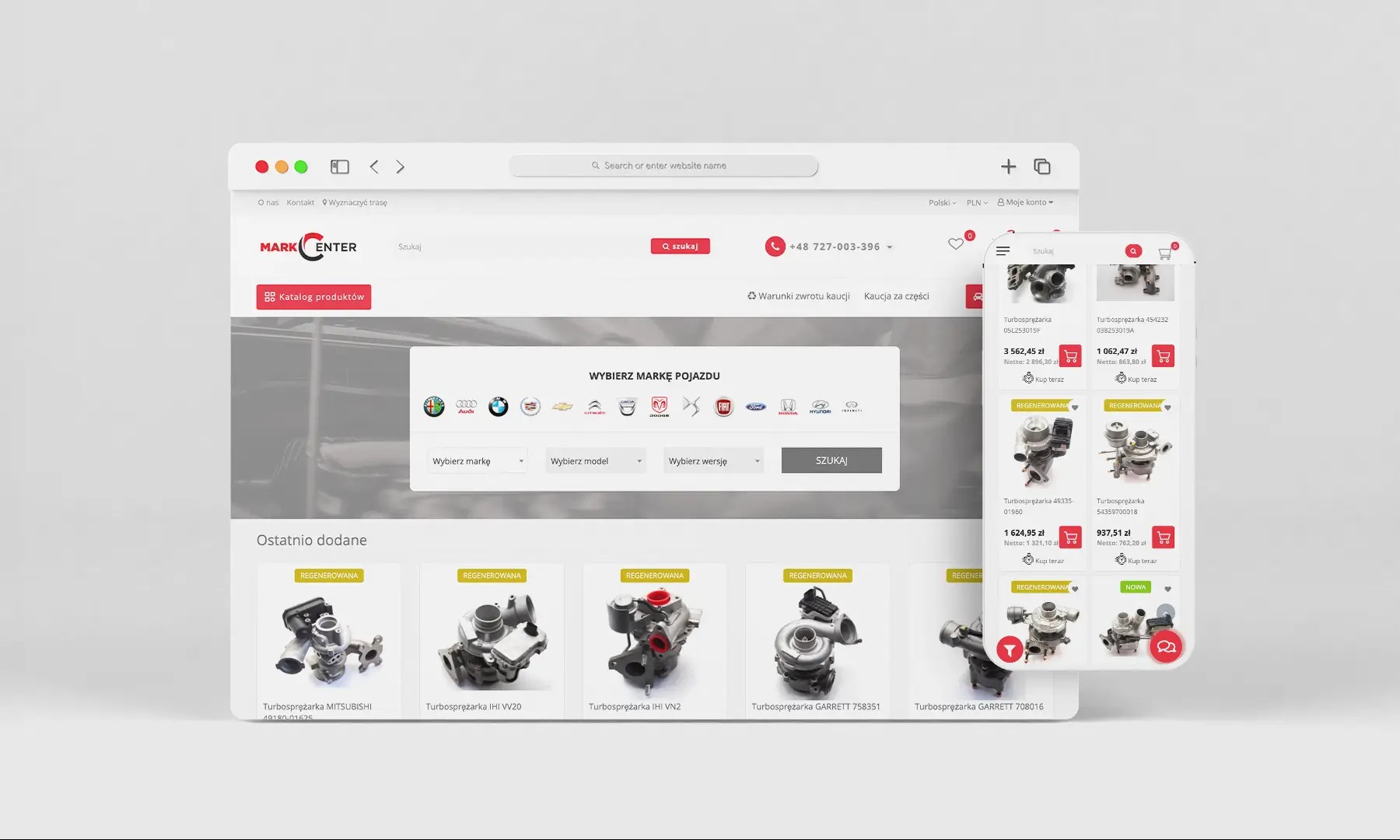 Zrzut ekranu strony internetowej sklepu motoryzacyjnego markcenter.pl z filtrowaniem po marce pojazdu i ofertą turbosprężarek, widok na komputerze i w aplikacji mobilnej.