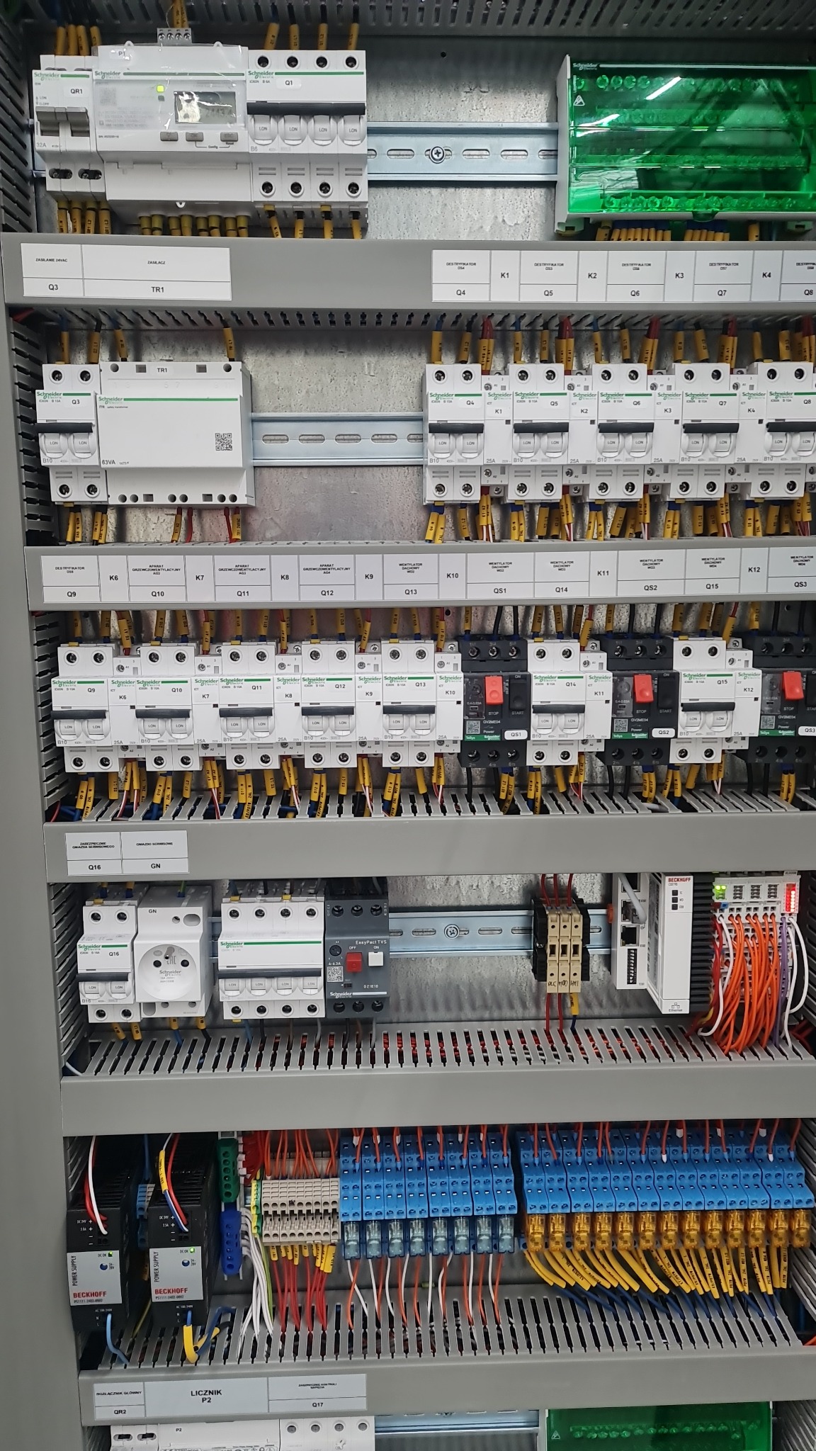 Rozdzielnica elektryczna z licznymi bezpiecznikami, przewodami i elementami sterującymi marki Schneider i Beckhoff, widok z bliska na uporządkowany układ komponentów.