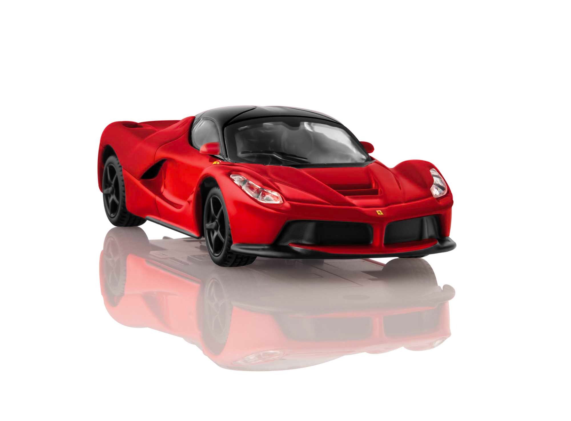 Czerwony model samochodu Ferrari LaFerrari z czarnym dachem, ustawiony na białym tle z delikatnym odbiciem.