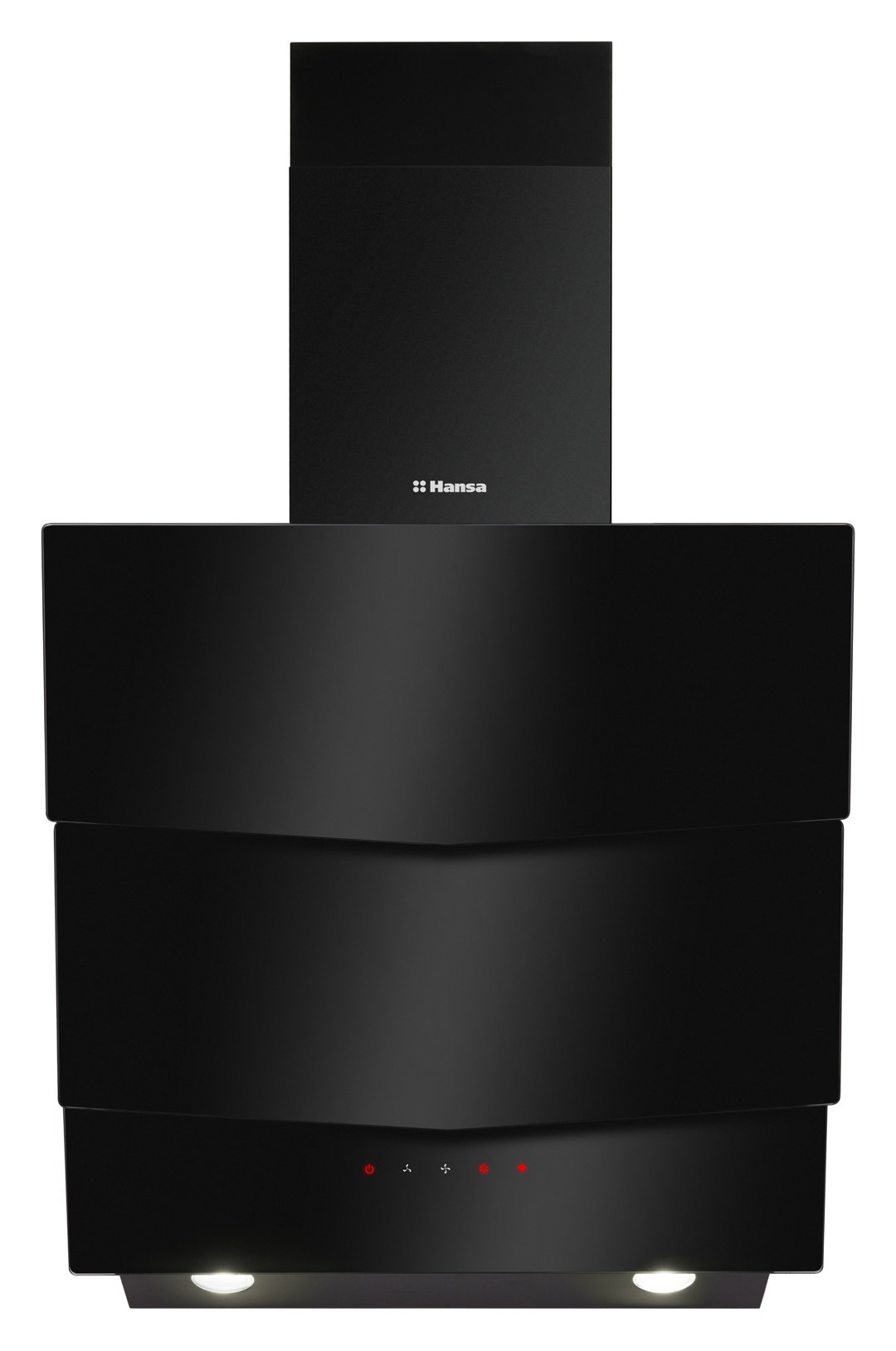 Czarny okap kuchenny marki Hansa z włączonym oświetleniem i panel sterowania z czerwonymi ikonami.