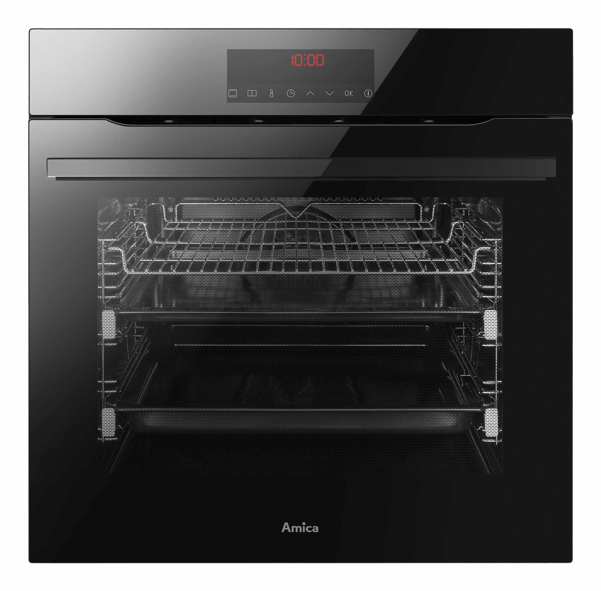 Czarny, nowoczesny piekarnik elektryczny marki Amica z wyświetlaczem pokazującym godzinę 10:00, widoczne wnętrze z rusztem i blachą do pieczenia.