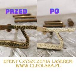 CZYSZCZENIE LASEREM TOMASZ KOZIEŁ - Metalowy element z efektem czyszczenia laserowego: po lewej stronie widoczny element przed czyszczeniem, pokryty ciemnym nalotem, po prawej stronie ten sam element po czyszczeniu, o jasnej...