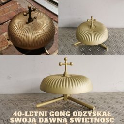 CZYSZCZENIE LASEREM TOMASZ KOZIEŁ - Odrestaurowany 40-letni gong w kolorze złota, z krzyżem na górze, prezentowany w trzech ujęciach na tle cegieł i blachy ryflowanej.