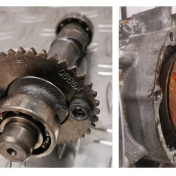 CZYSZCZENIE LASEREM TOMASZ KOZIEŁ - Różne metalowe elementy silnika motocyklowego, w tym wałki rozrządu z zębatkami, obudowa i uchwyty, przed i po czyszczeniu, widoczne ślady zużycia i rdzy.